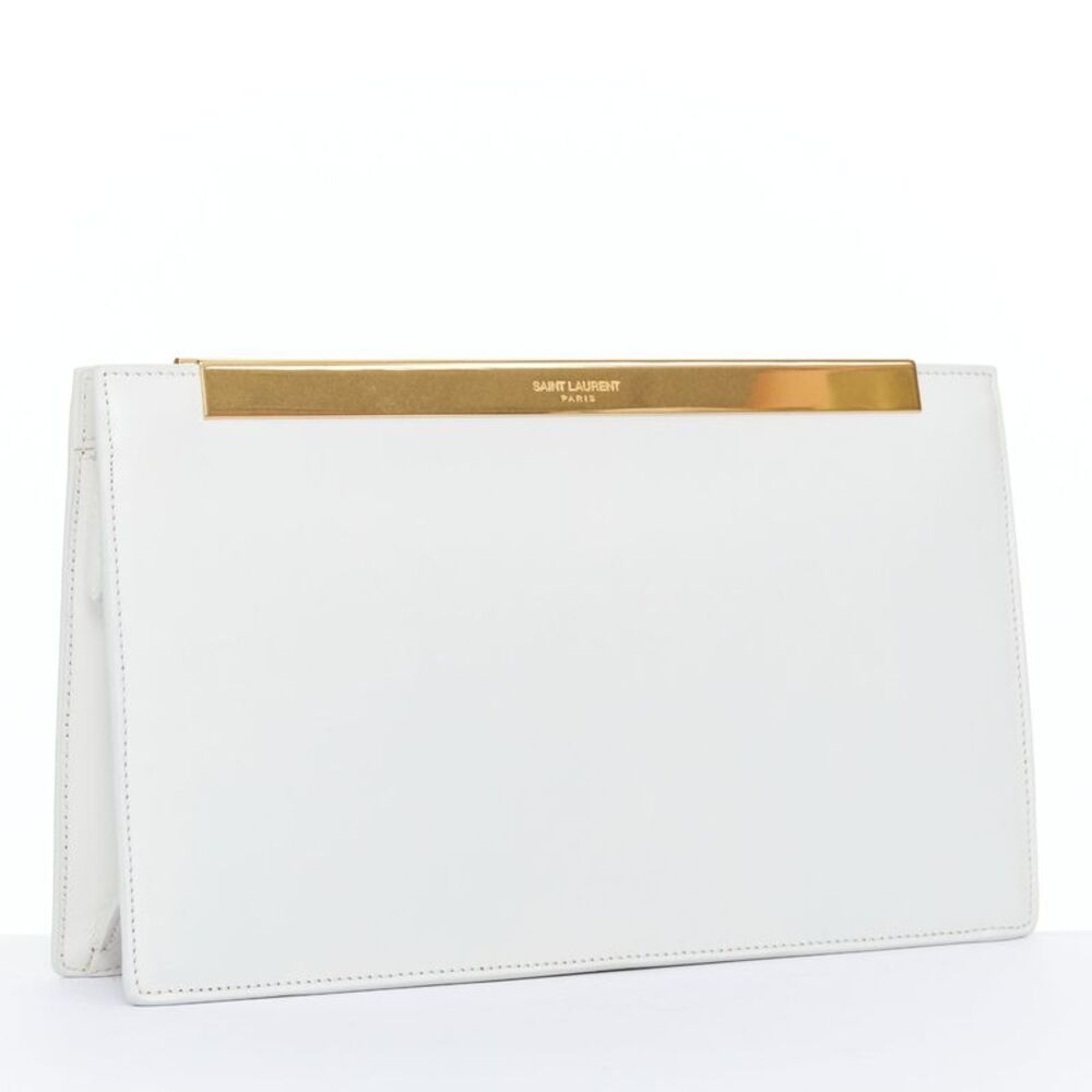 Saint Laurent Lutetia Gold Bar White Leather Clutch Bag